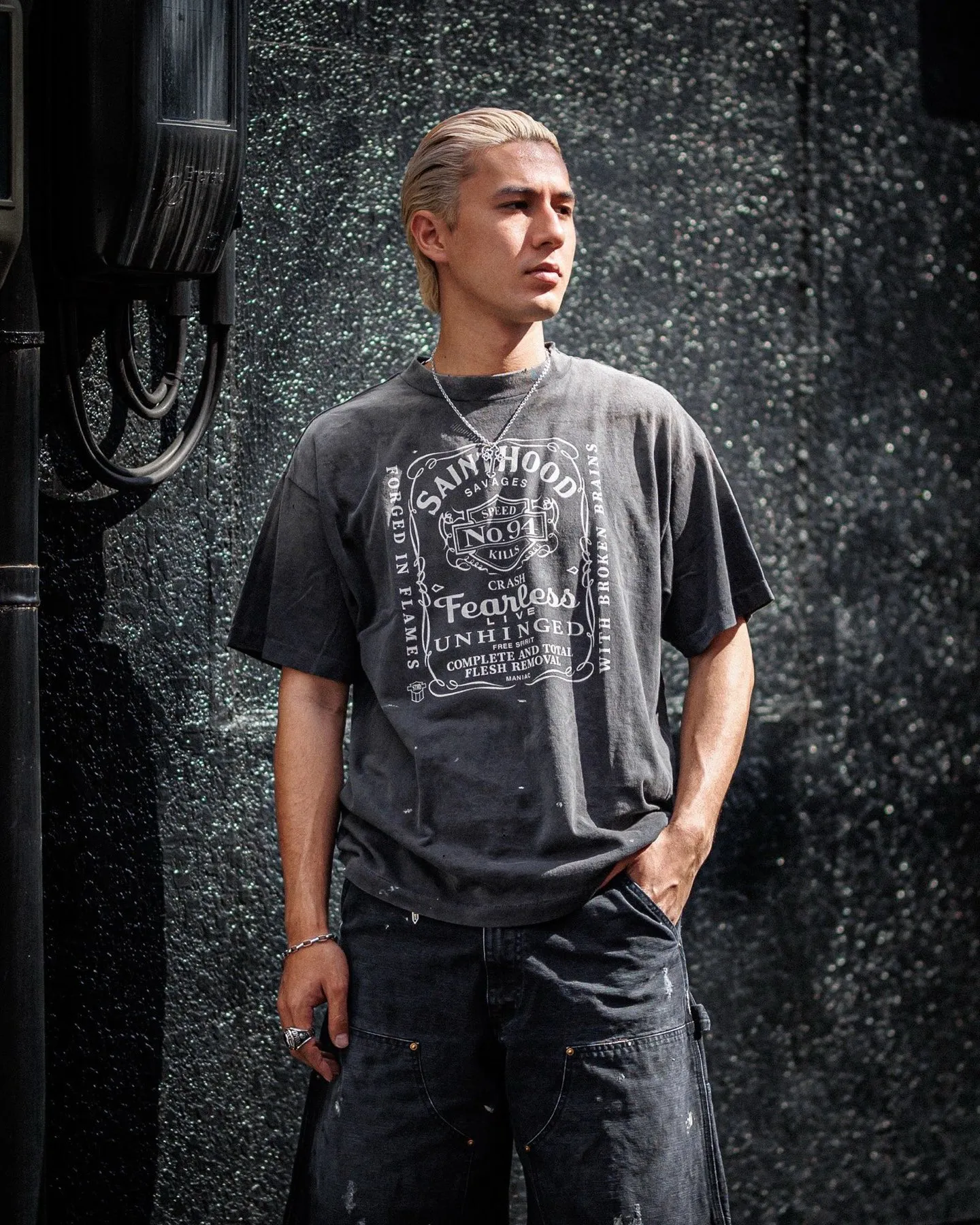 SAINT Mxxxxxx × NEIGHBORHOOD STHD . SS TEE FEARLESS/BLK NBHD Takizawa Shinsuke co-branded whiskey label/love skull angel distressed short sleeves washed black S-XL tube weave without side seam fabric ready-made Assute dyeing custom-woven NBHD co-branded main mark washed mark truly correct version top-level printing process restoration distressed treatment